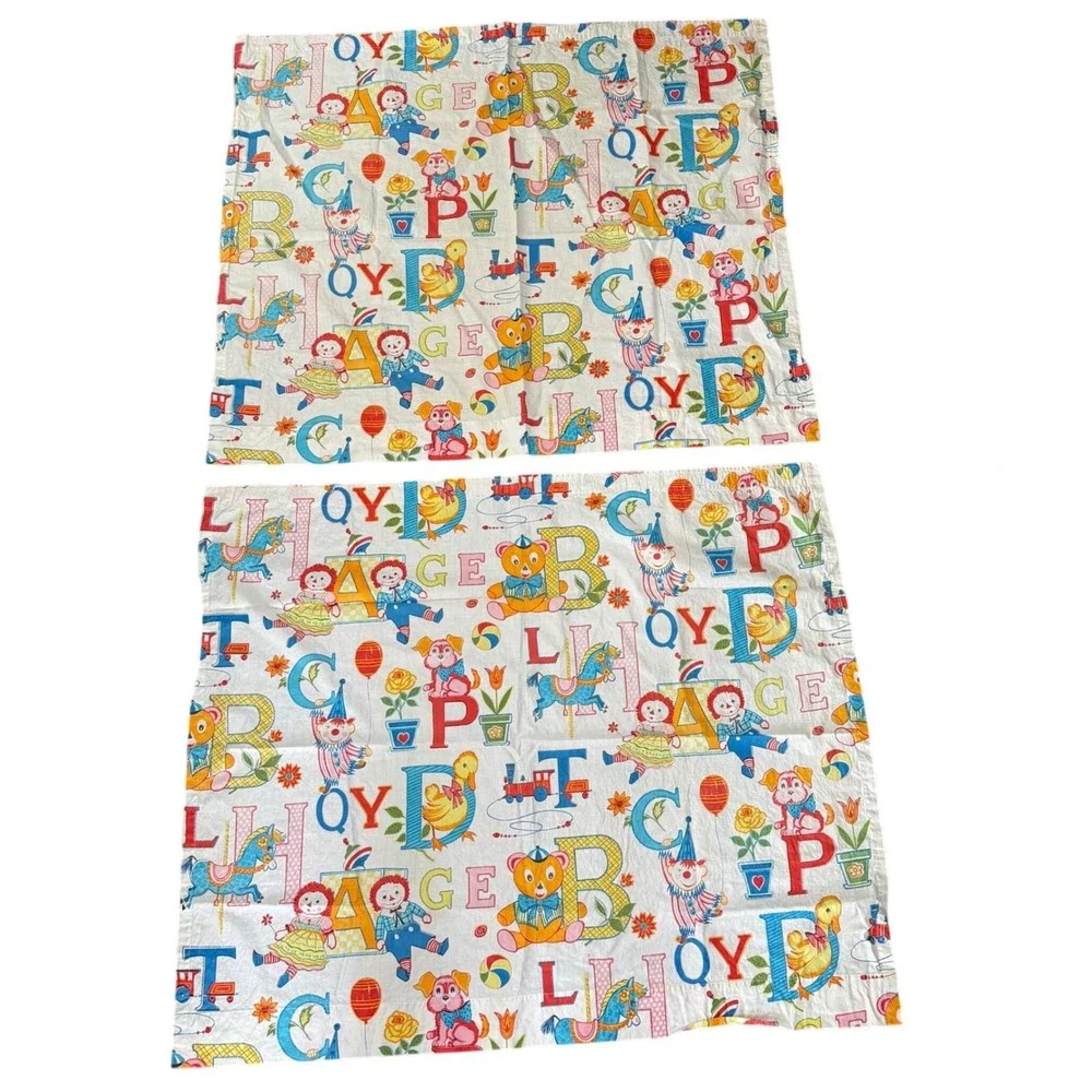 2 VTG Raggedy Ann Andy Fabric‎ Panels Curtains Kids Alphabet Toy Print MCM 34x41